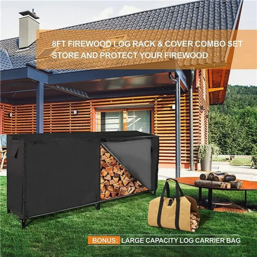 8ft Firewood Log Rack with Waterproof Cover, Heavy-Duty | Black